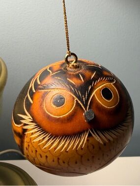 Carved gourd Owl Holiday Ornament - Brown/Gold